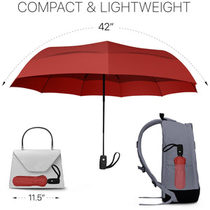Windproof Travel Umbrella - Compact, Automatic, Red