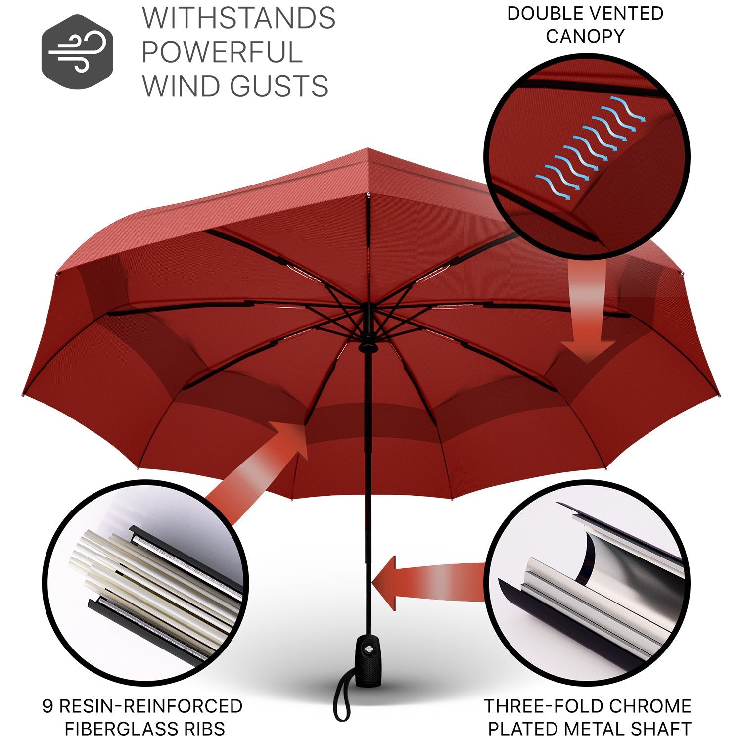Windproof Travel Umbrella - Compact, Automatic, Red