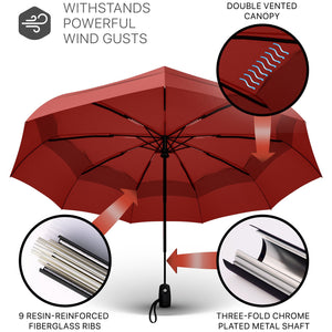 Windproof Travel Umbrella - Compact, Automatic, Red